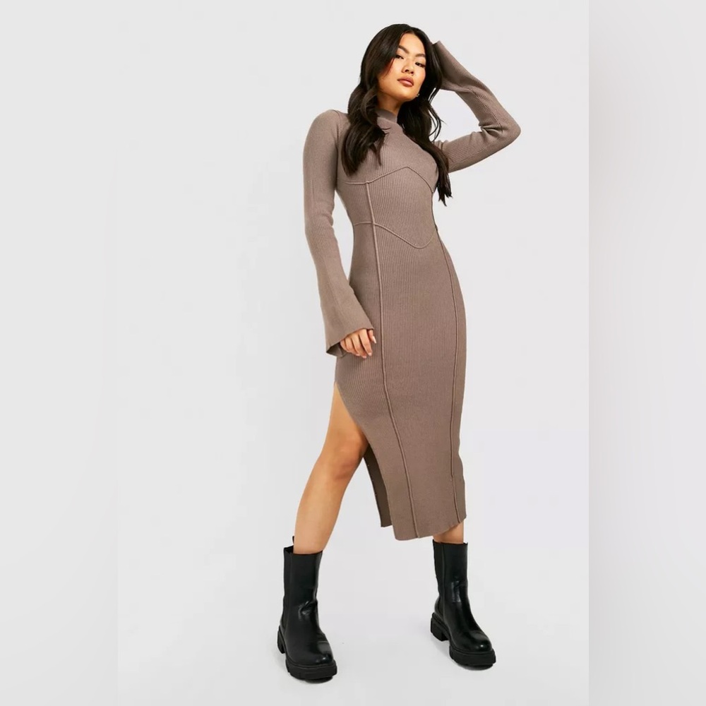Taupe Rib Knit Courset Contour Midi Dress